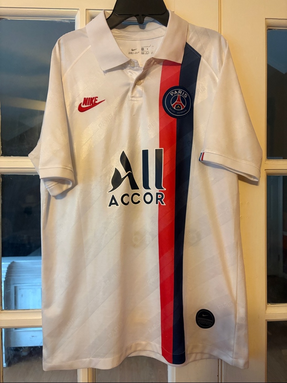 Nike Neymar White PSG Away Soccer Jersey with Red & Navy Center Stripe